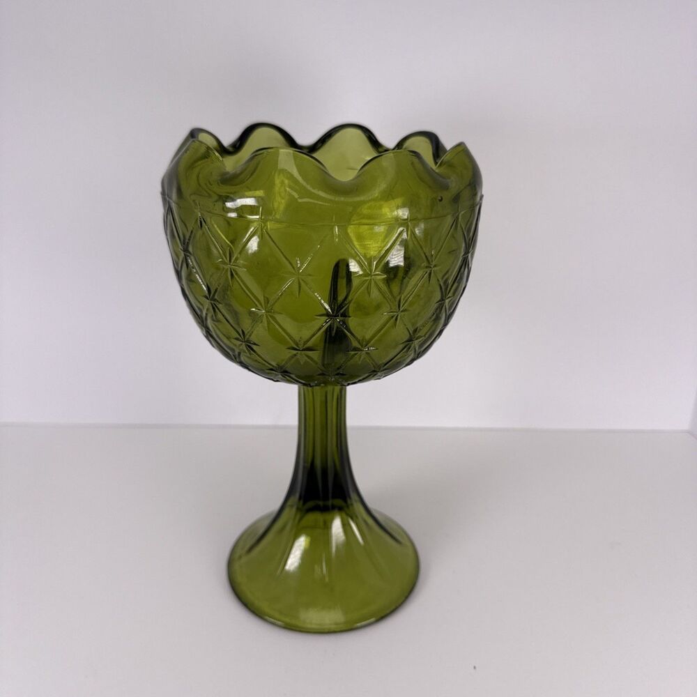 Indiana Glass Avocado Green Pedestal Diamond Ruffled Compote Candy Dish, Vintage
